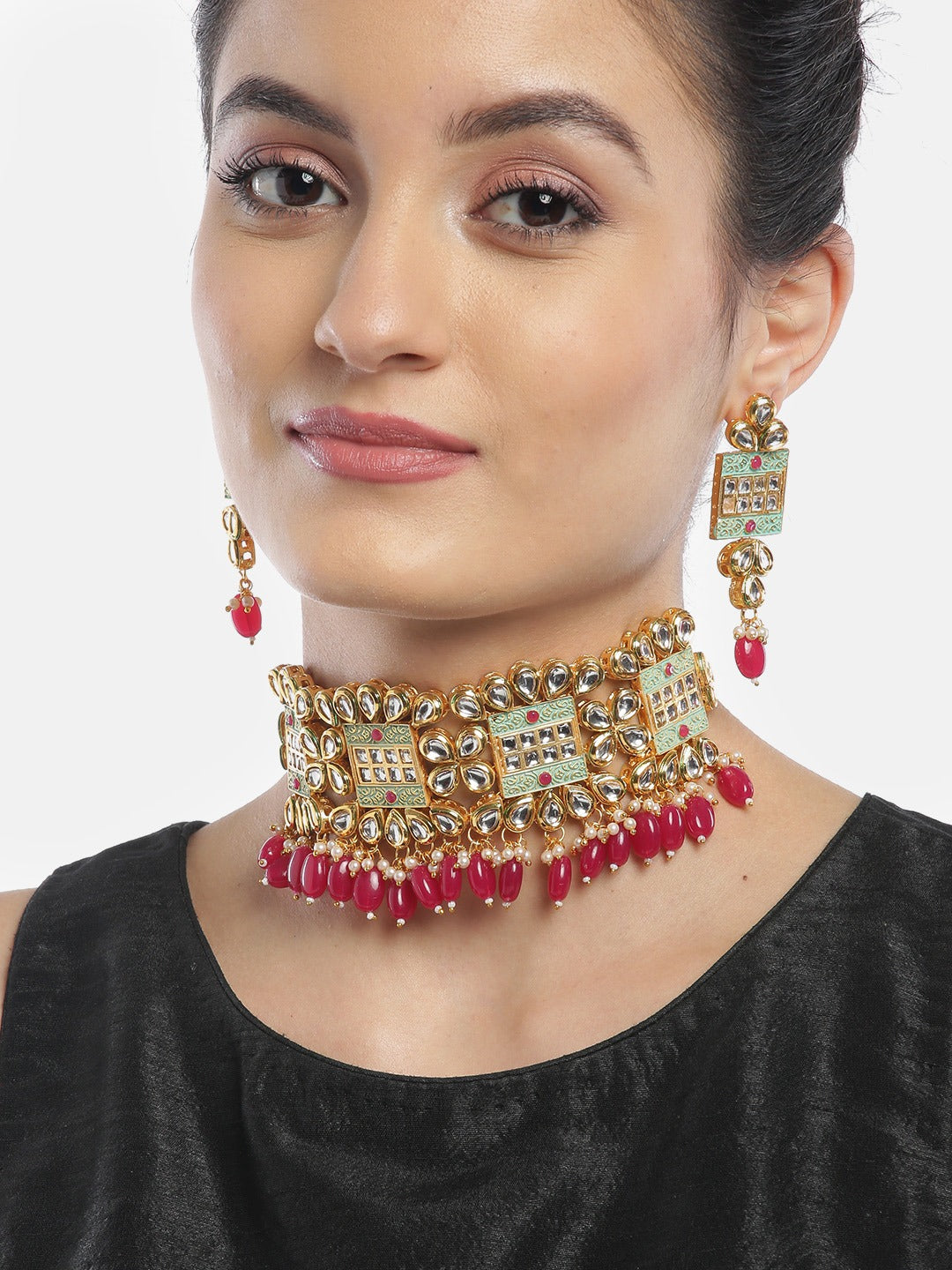 Green Kundan Ruby Gold Plated Jewellery Set