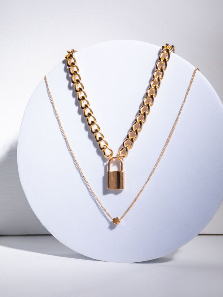 Dual-Layered Floral Lock Link Gold-Plated Necklace