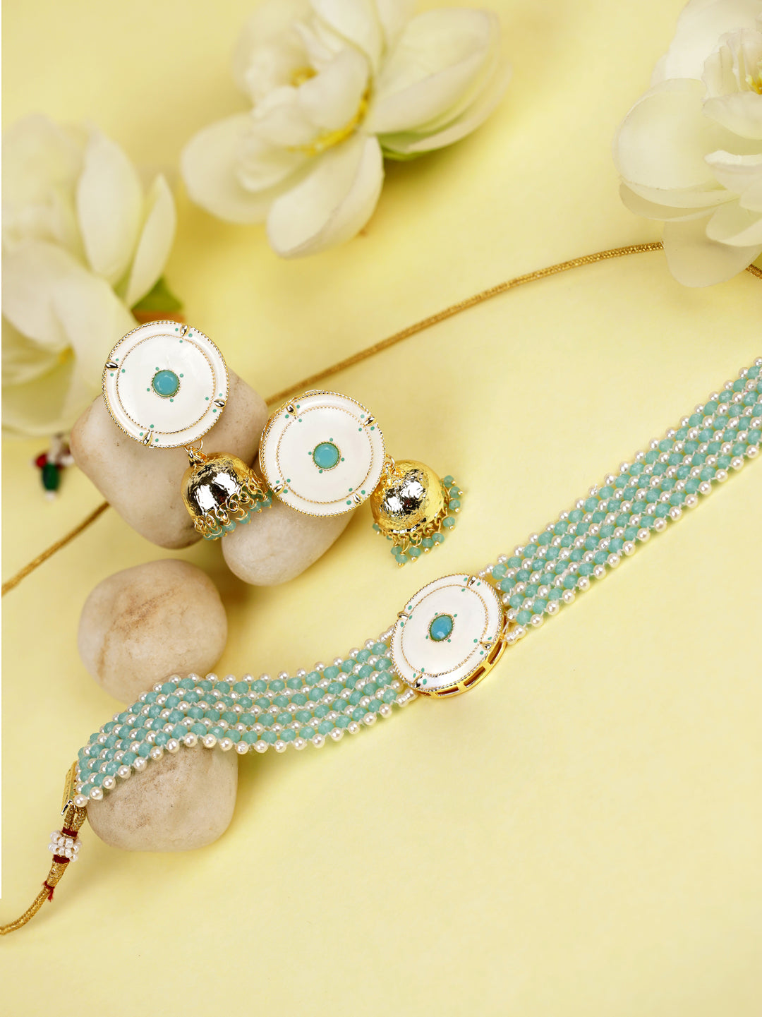 Blue White Beaded Stones Gold Plated Choker