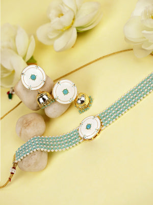 Blue White Beaded Stones Gold Plated Choker
