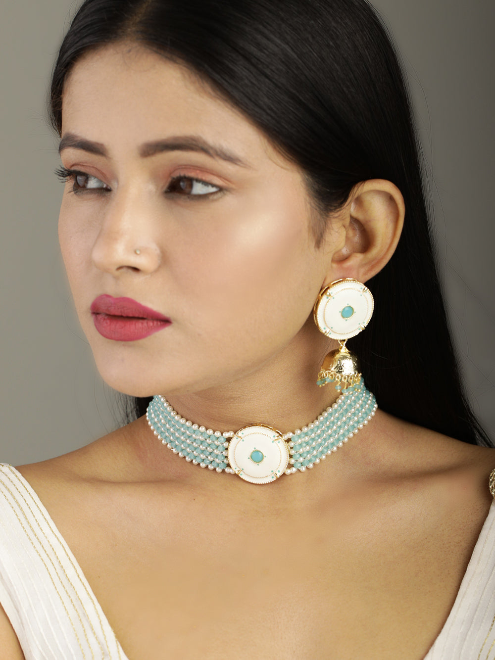 Blue White Beaded Stones Gold Plated Choker