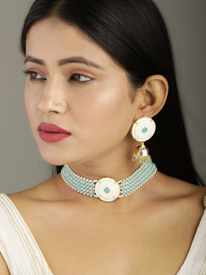 Blue White Beaded Stones Gold Plated Choker