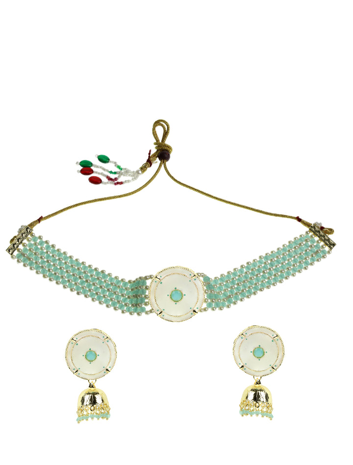 Blue White Beaded Stones Gold Plated Choker