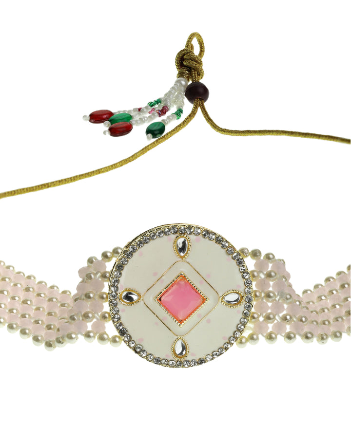 Pink White Beaded Stones Gold Plated Choker