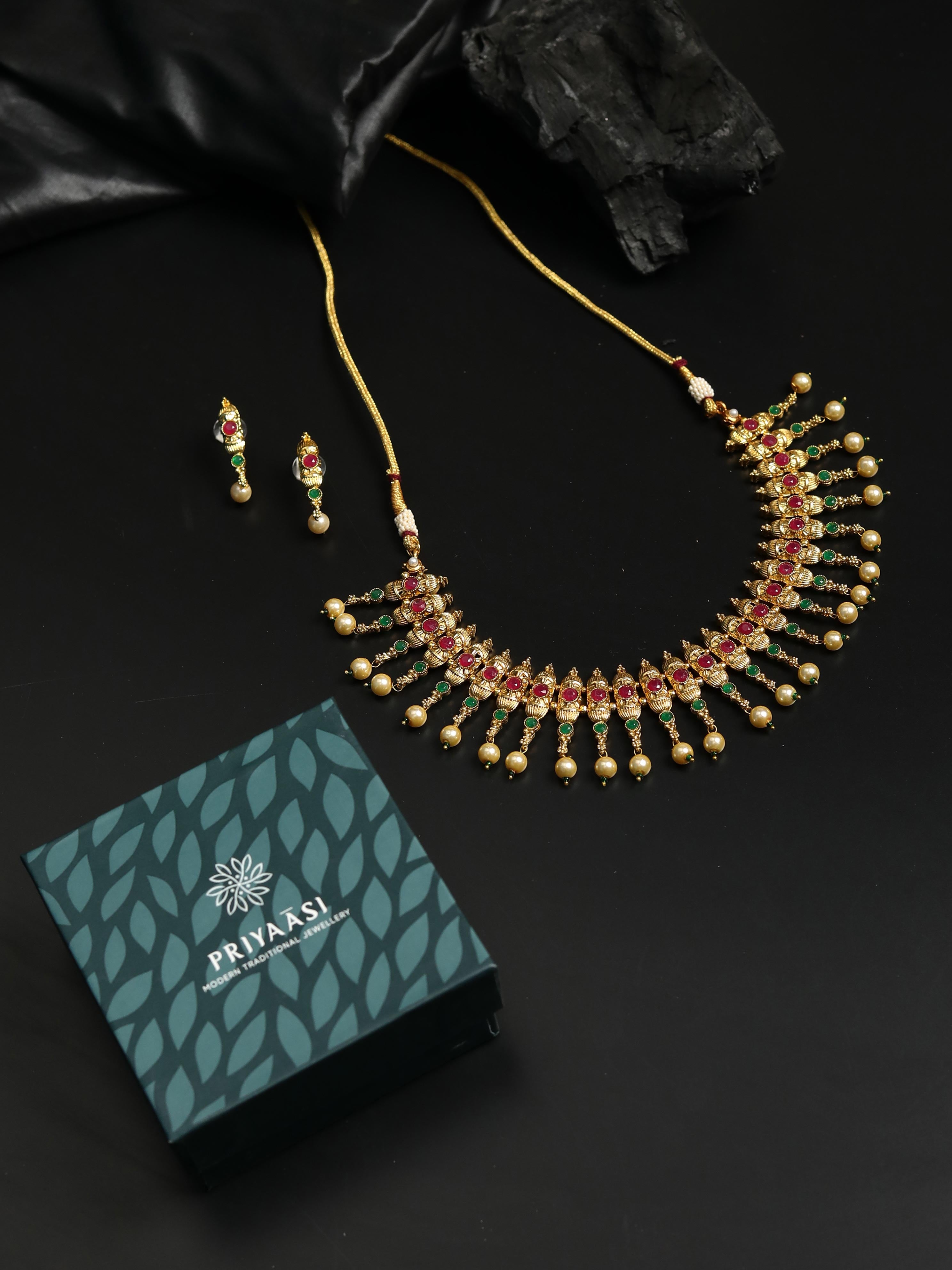 Ruby Emerald Pearls Gold Plated Jewellery Set