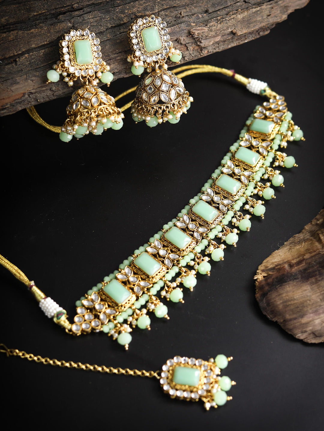 Mint Green Kundan Pearls Gold Plated Choker Set with MaangTikka