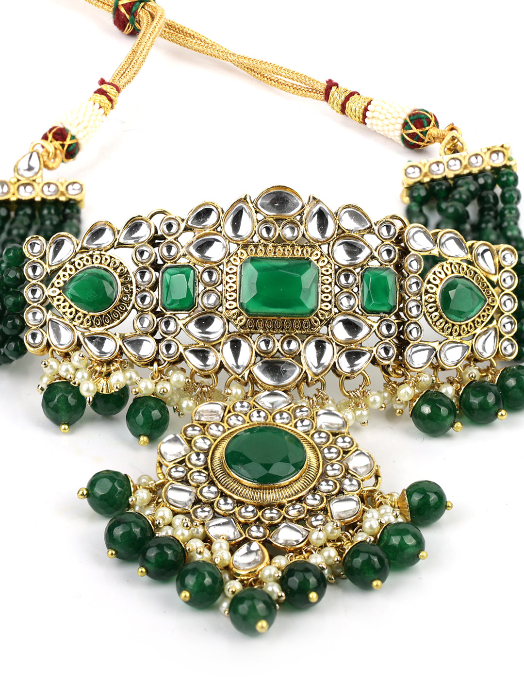 Green Stones Emerald Beads Kundan Gold Plated Traditional MaangTikka Choker