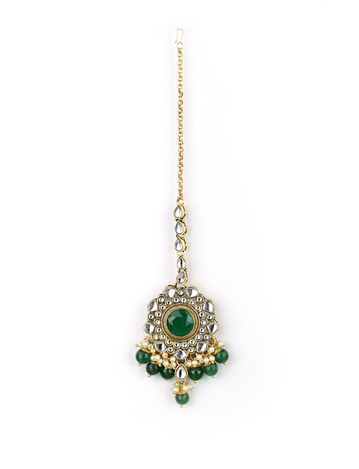Green Stones Emerald Beads Kundan Gold Plated Traditional MaangTikka Choker