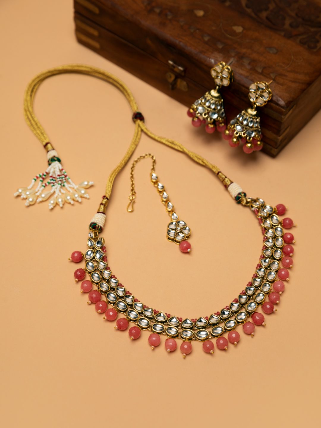 Pink Beads Ruby Kundan Gold Plated Traditional MaangTika Jewellery Set