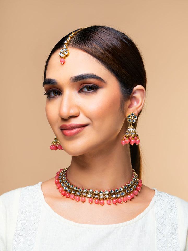 Pink Beads Ruby Kundan Gold Plated Traditional MaangTika Jewellery Set