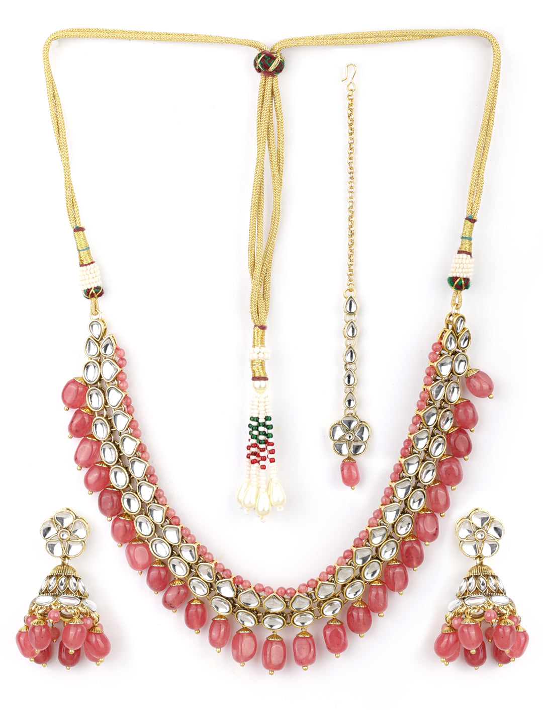 Pink Beads Ruby Kundan Gold Plated Traditional MaangTika Jewellery Set