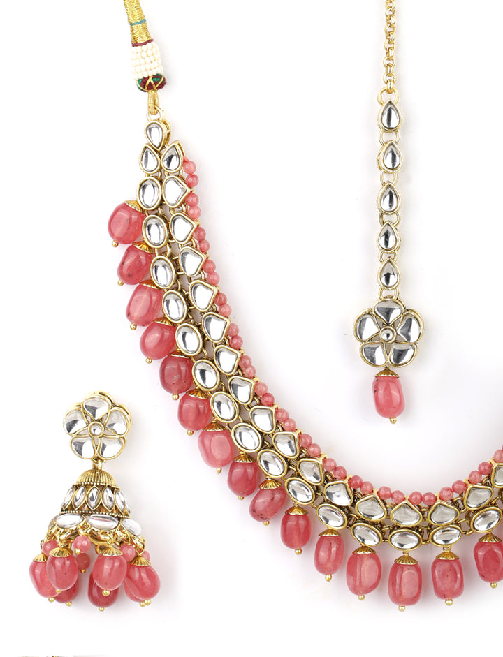 Pink Beads Ruby Kundan Gold Plated Traditional MaangTika Jewellery Set