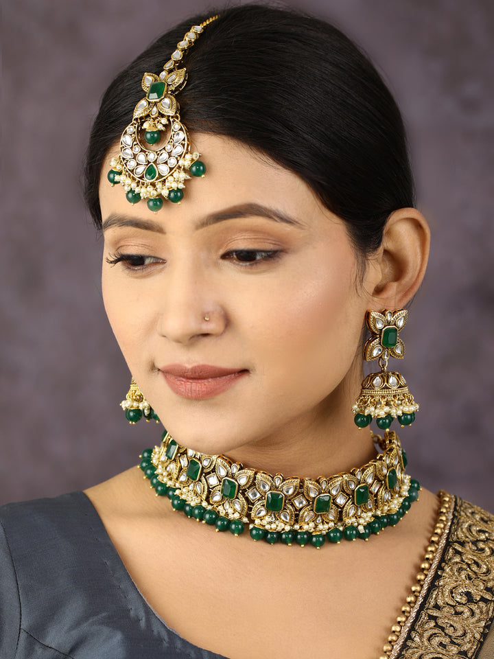 Sajda-Green Stones Emerald Beads Kundan Gold Plated Traditional MaangTikka Choker