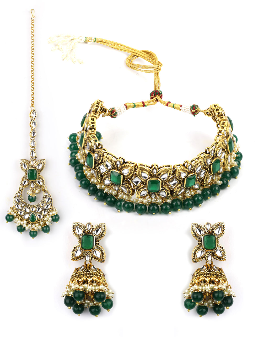 Sajda-Green Stones Emerald Beads Kundan Gold Plated Traditional MaangTikka Choker