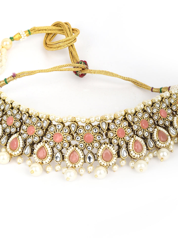 Rooh-Pink Stone Kundan Pearls Beads Gold Plated Traditional MaangTika Choker Set