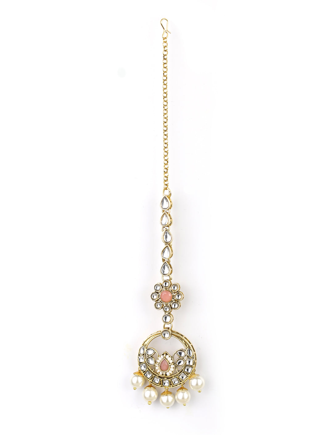 Rooh-Pink Stone Kundan Pearls Beads Gold Plated Traditional MaangTika Choker Set