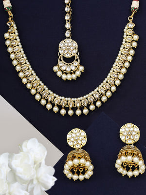 White Beads Kundan Pearls Gold Plated Traditional MaangTika Jewellery Set