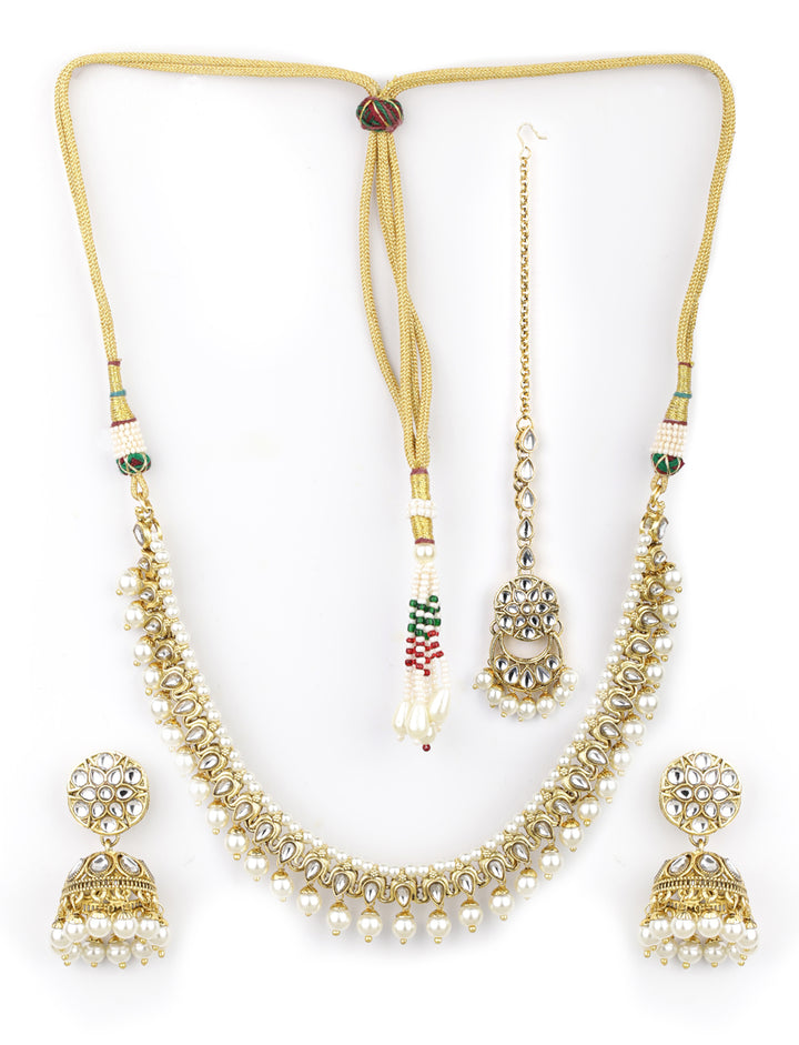 White Beads Kundan Pearls Gold Plated Traditional MaangTika Jewellery Set
