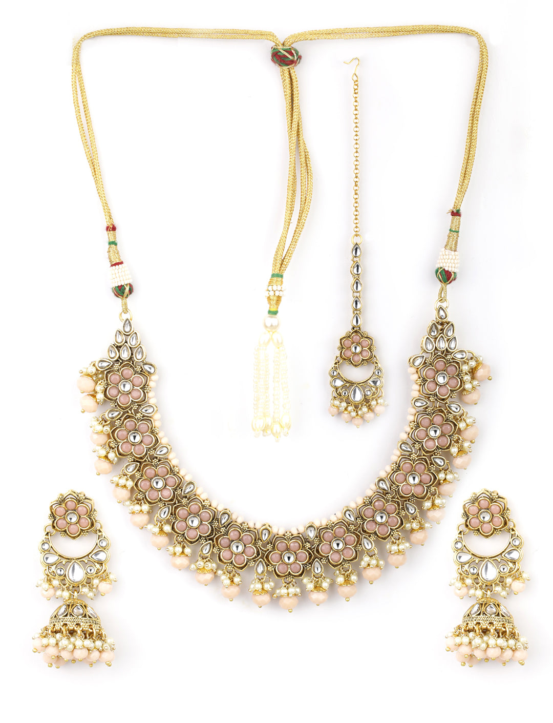 Peach Beads Pearls Kundan Gold Plated Floral Traditional MaangTika Jewellery Set