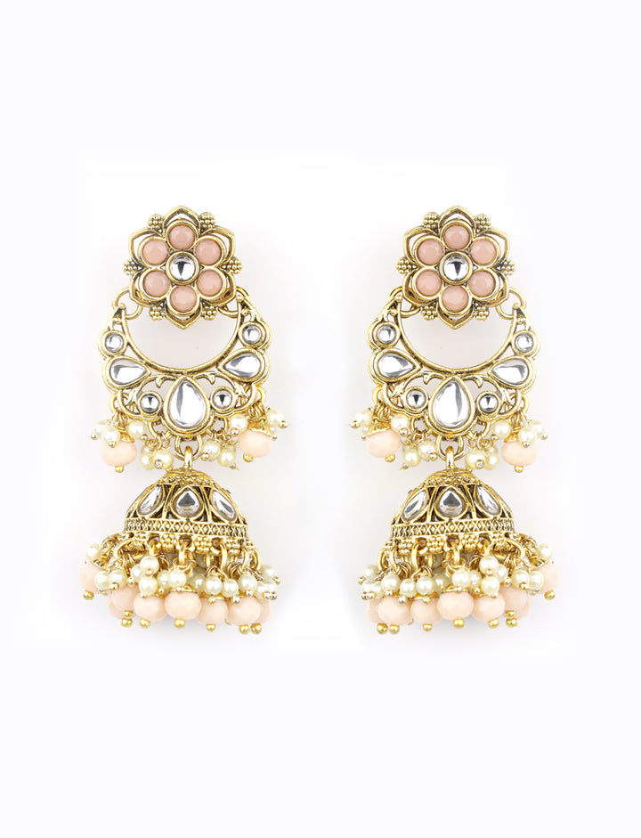Peach Beads Pearls Kundan Gold Plated Floral Traditional MaangTika Jewellery Set