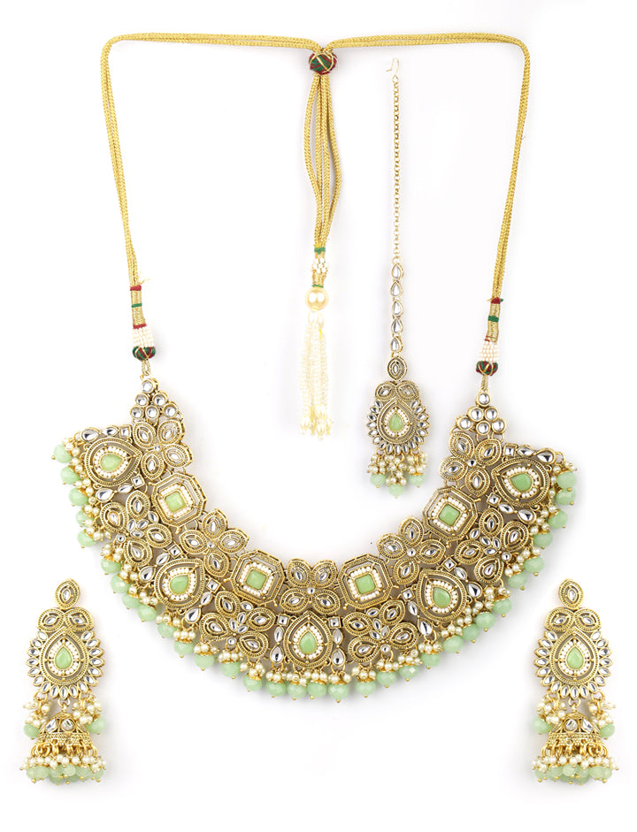 Mint Green Pearls Stones Beads Kundan Gold Plated Traditional MaangTika Jewellery Set