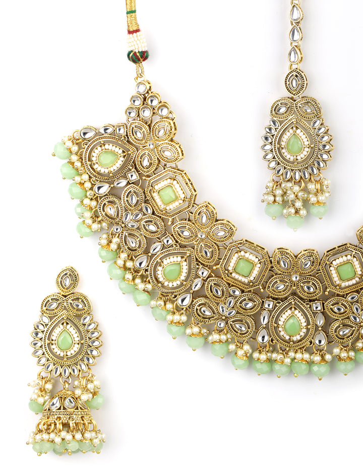 Mint Green Pearls Stones Beads Kundan Gold Plated Traditional MaangTika Jewellery Set