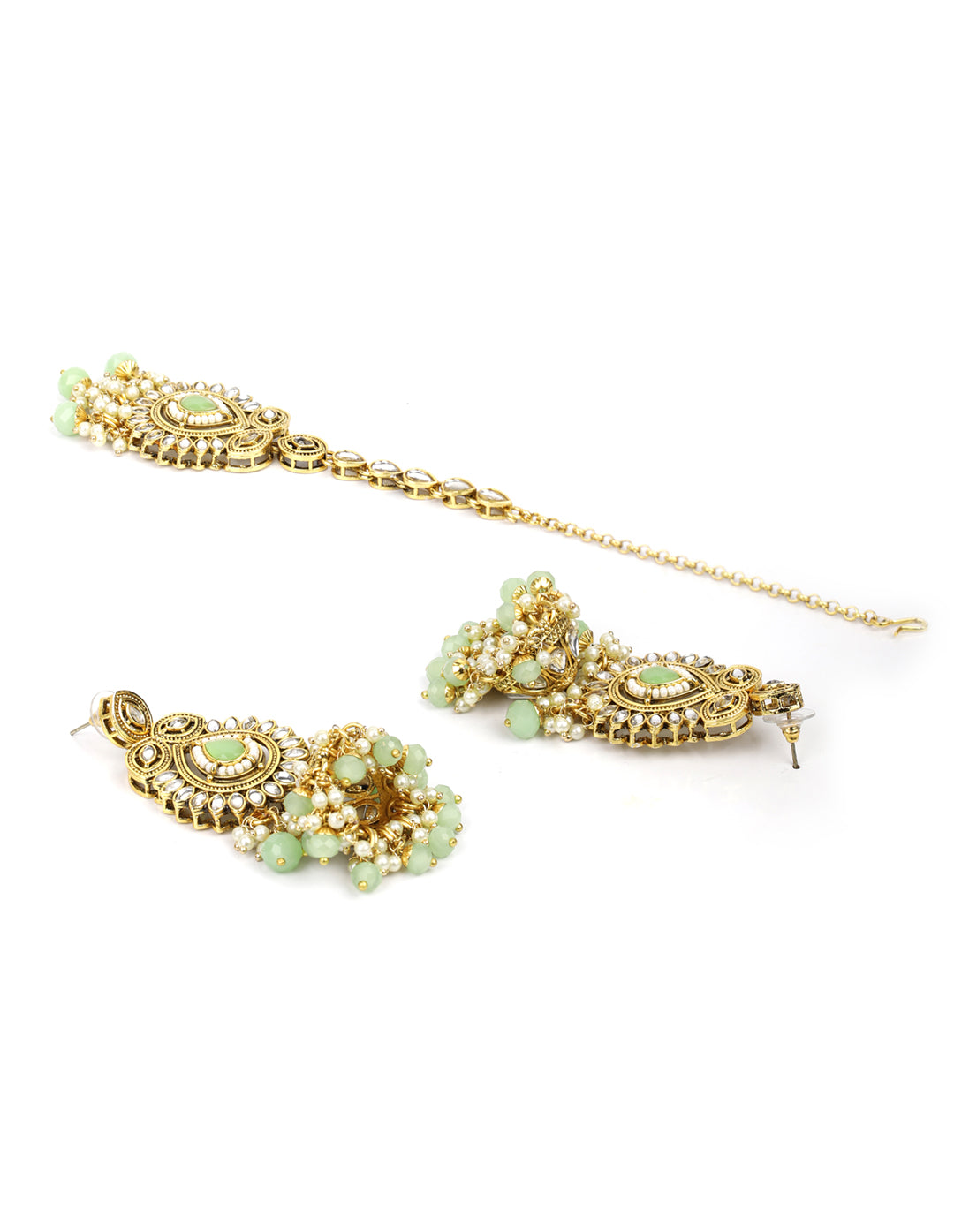 Mint Green Pearls Stones Beads Kundan Gold Plated Traditional MaangTika Jewellery Set