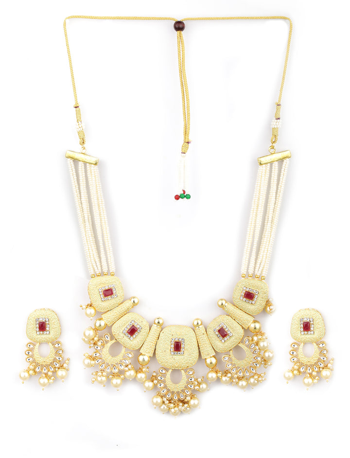 White Beads Pearls Stones Gold Plated Traditional Jewellery Set