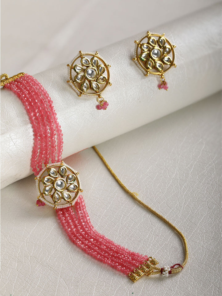 Pink Beads Kundan Gold Plated Traditional Choker
