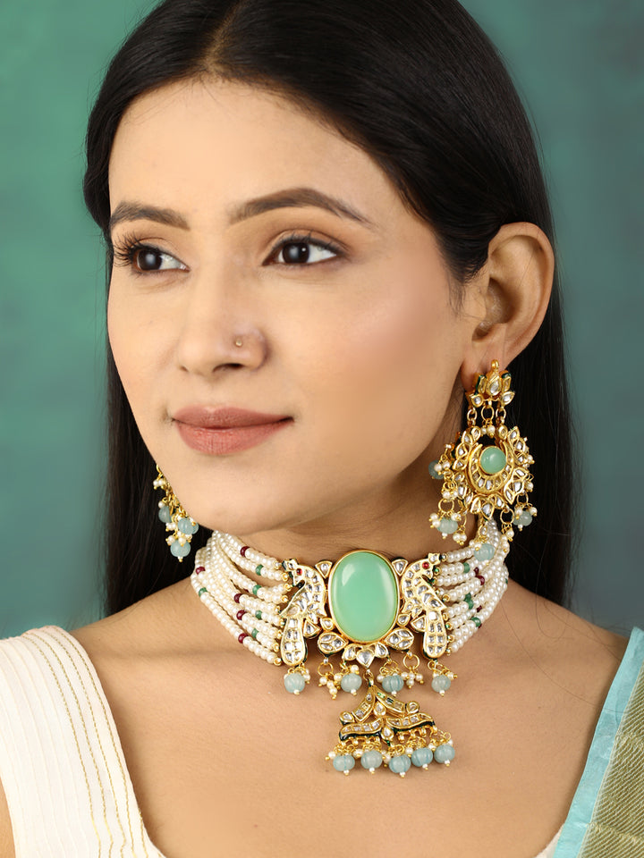 Turquoise Blue Stones White Beads Kundan Gold Plated Traditional Choker
