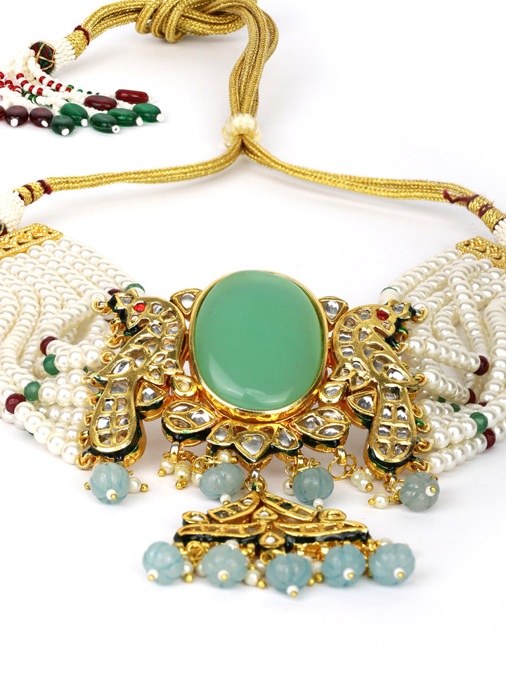 Turquoise Blue Stones White Beads Kundan Gold Plated Traditional Choker
