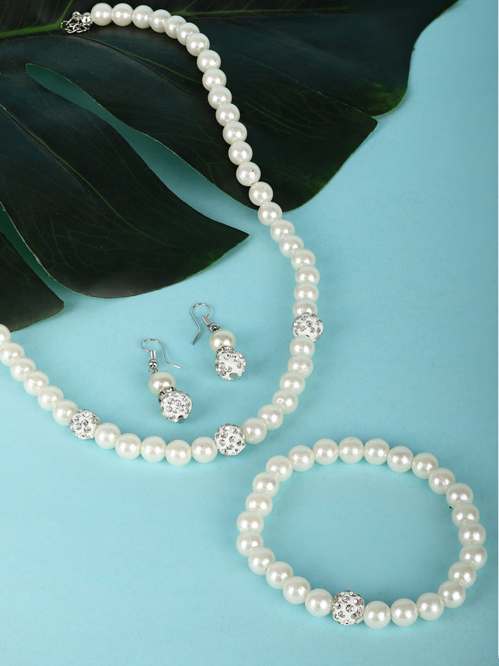 Silver Plated Pearls Jewellery Set with Bracelet