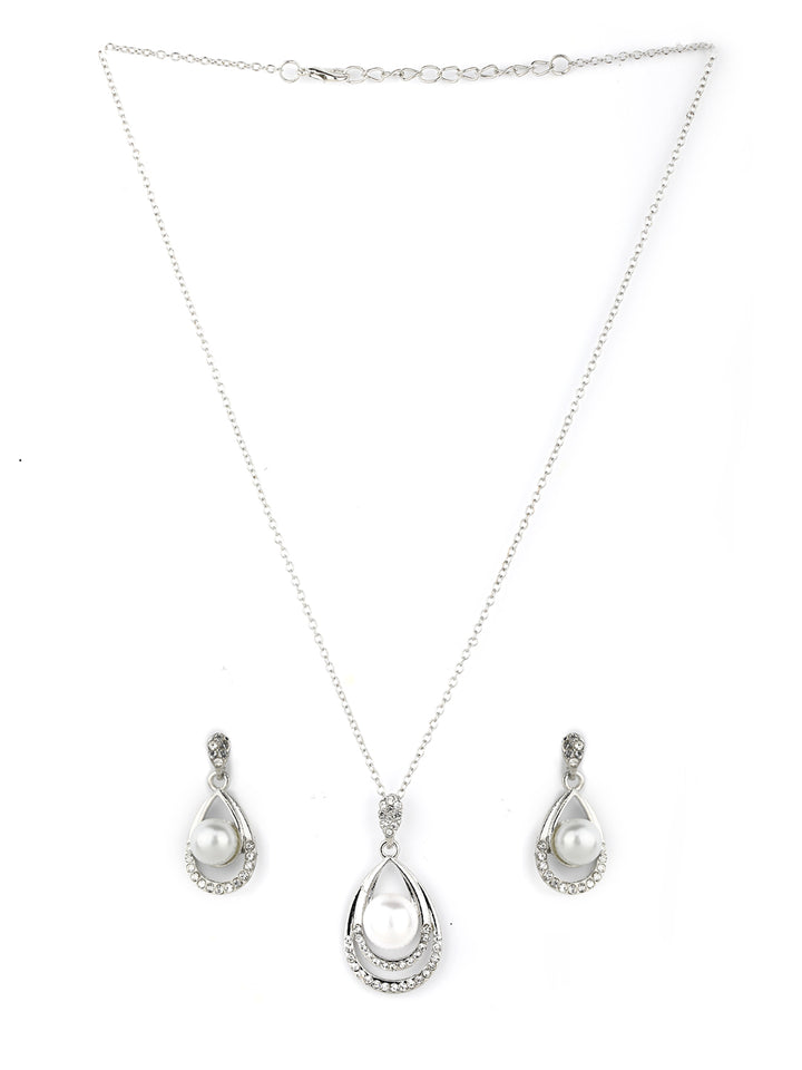 Droplet-Pearls & Stones Silver Plated Pendant Set