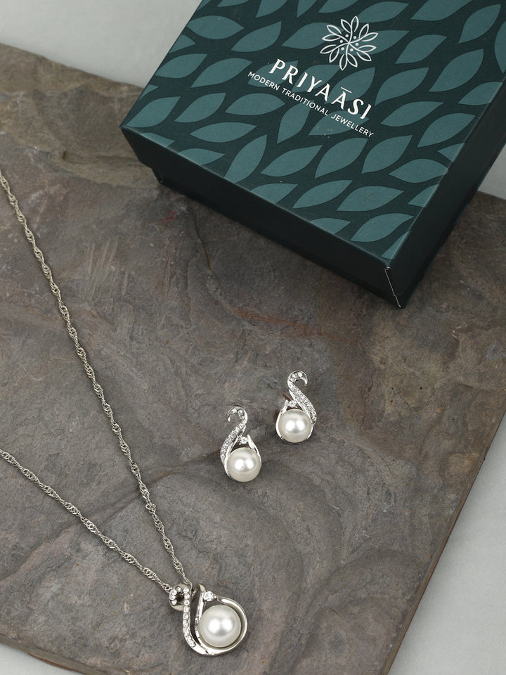 Swirl-Pearls & Stones Silver Plated Pendant Set