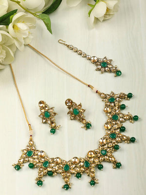 Emerald Kundan Gold Plated Jewellery Set with Maang Tikka