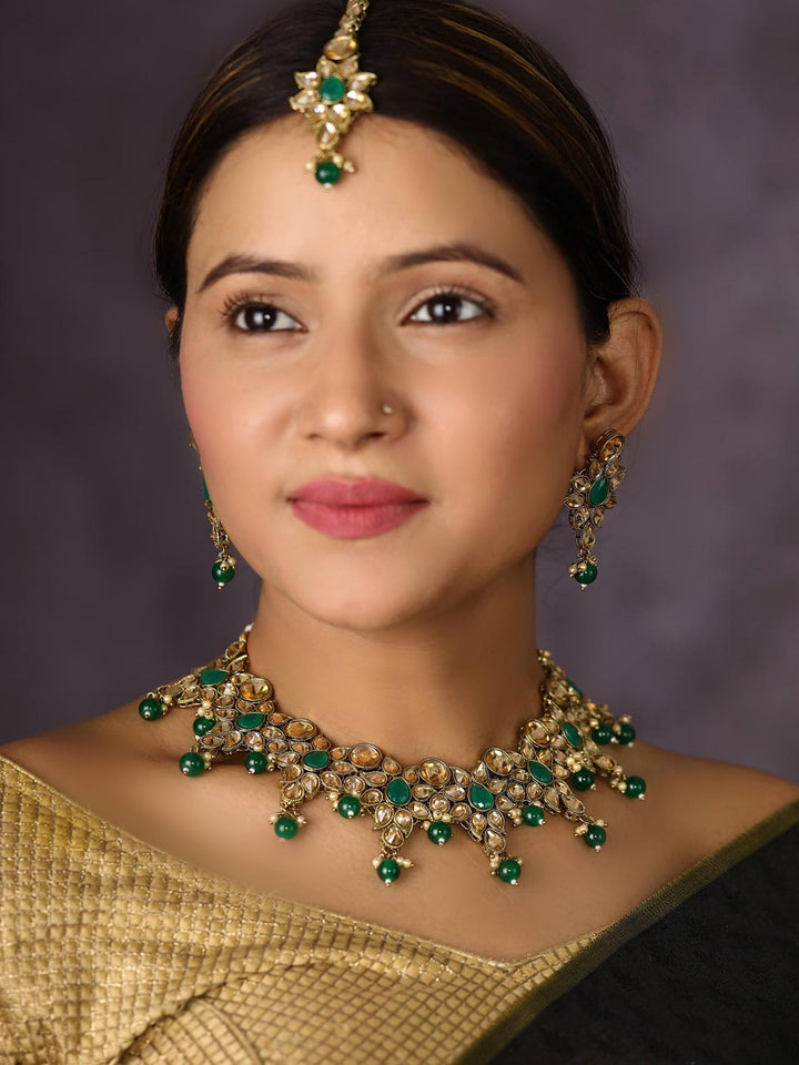 Emerald Kundan Gold Plated Jewellery Set with Maang Tikka