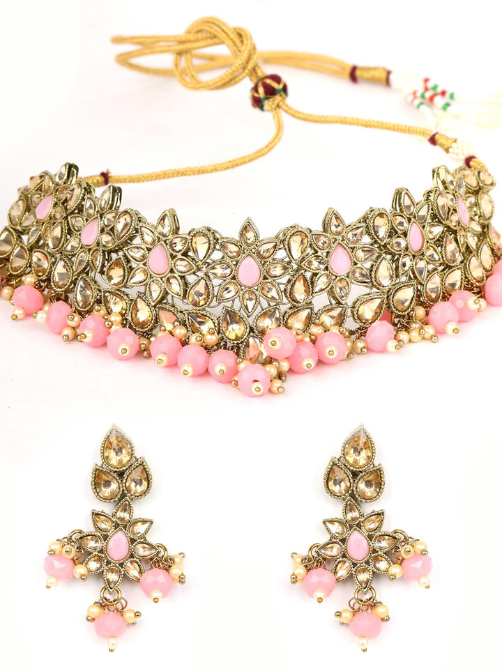 Pink Pearls Kundan Gold Plated Floral Choker Set