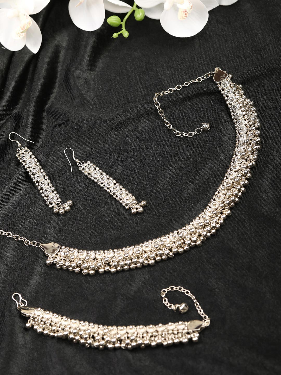 Silver Plated Oxidised Jewellery Set with Bracelet