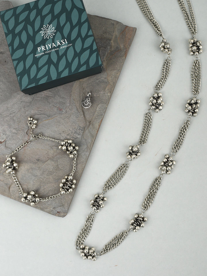 Ghungroo Silver Plated Oxidised Necklace with Anklet & Nath