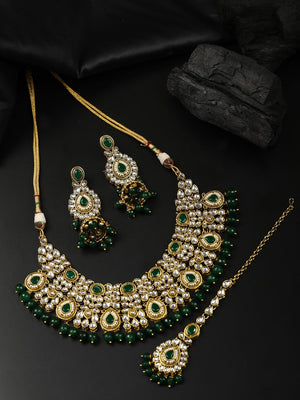 Green Pearls Beads Kundan Emerald Gold Plated Choker Set with Maang Tikka