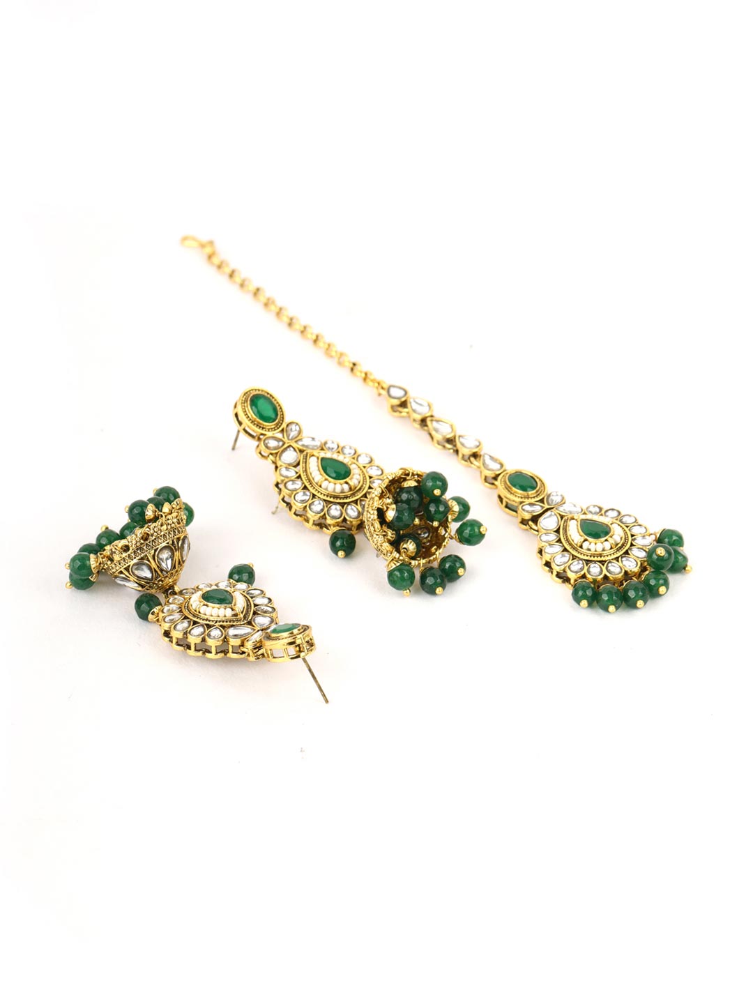 Green Pearls Beads Kundan Emerald Gold Plated Choker Set with Maang Tikka