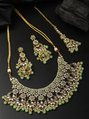 Mint Green Pearls Beads Kundan Gold Plated Choker Set with Maang Tikka