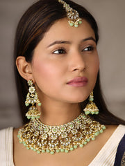 Mint Green Pearls Beads Kundan Gold Plated Choker Set with Maang Tikka
