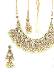 Mint Green Pearls Beads Kundan Gold Plated Choker Set with Maang Tikka