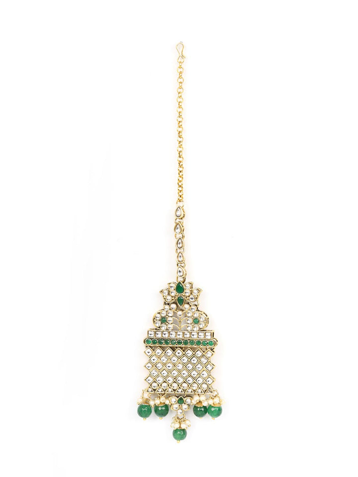 Green Beads Kundan Emerald Gold Plated Rani Haar with Maang Tikka
