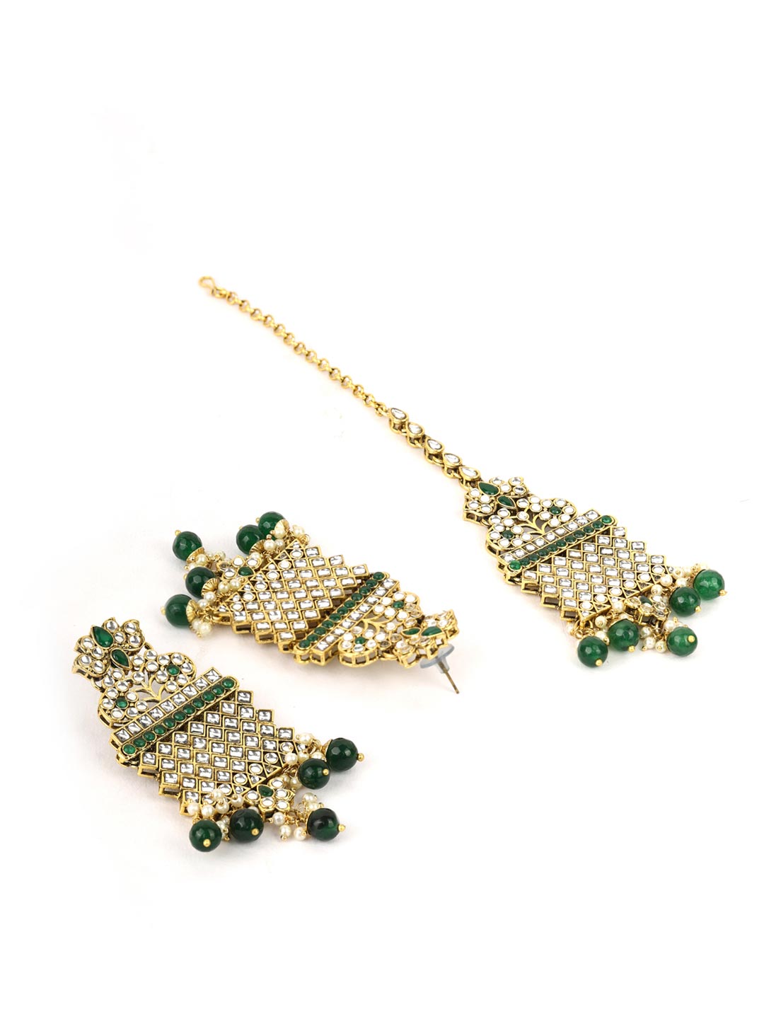 Green Beads Kundan Emerald Gold Plated Rani Haar with Maang Tikka