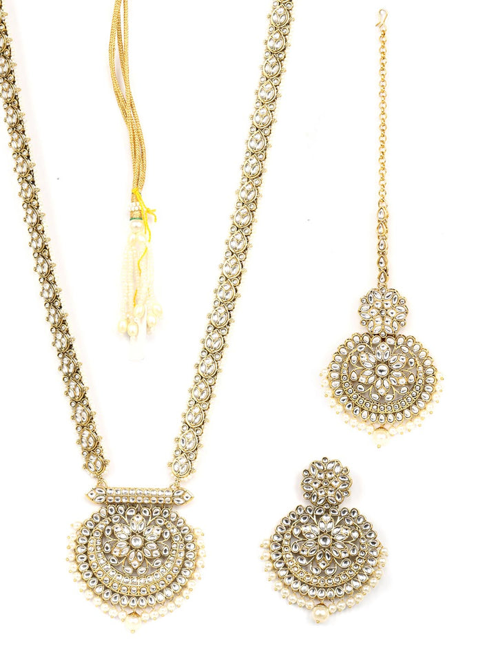Off White Kundan Beads Pearls Gold Plated Rani Haar with Maang Tikka