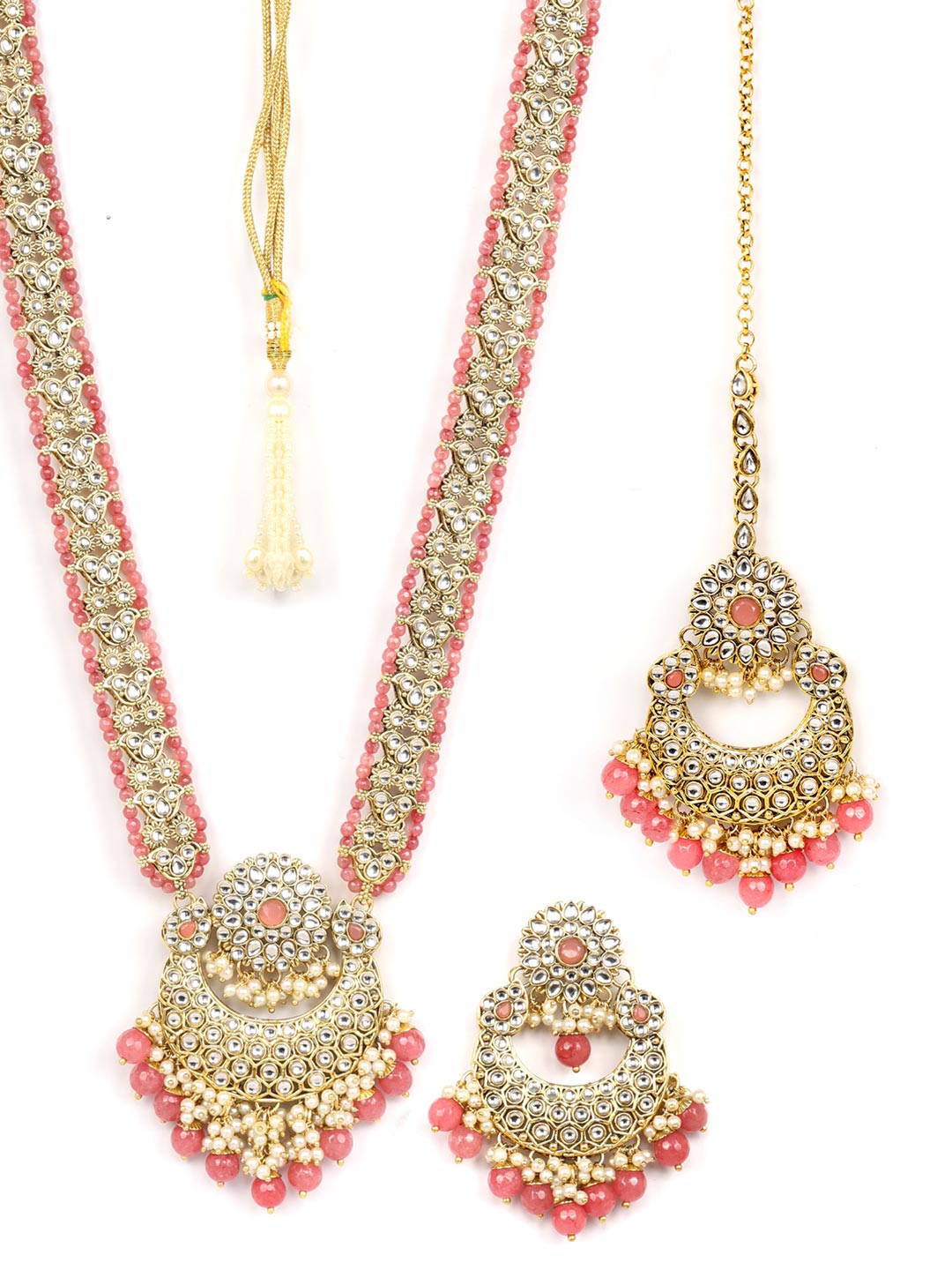 Pink Beads Pearls Kundan Gold Plated Rani Haar with Maang Tikka