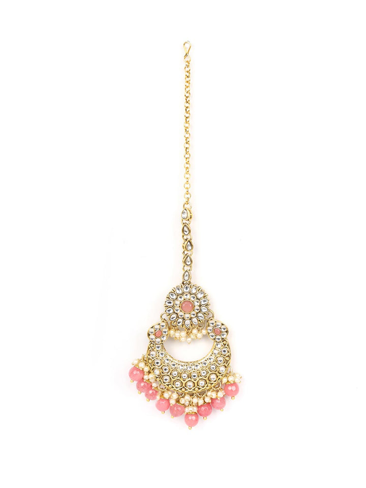 Pink Beads Pearls Kundan Gold Plated Rani Haar with Maang Tikka