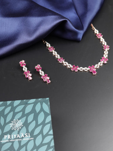 Radiant Ruby-Floral American Diamond Rose Gold Jewellery Set